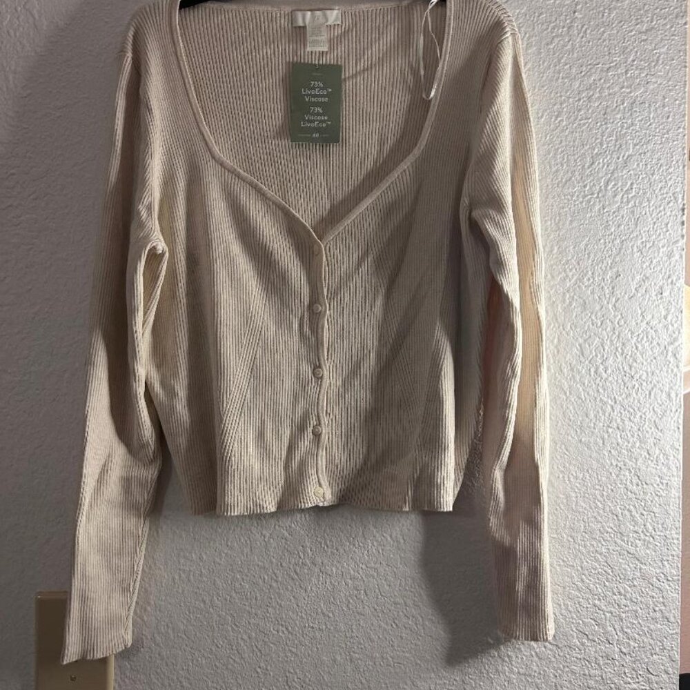Textured Cropped Layering Cardigan Button Down Long Sleeves Size XXL H&M Beige
